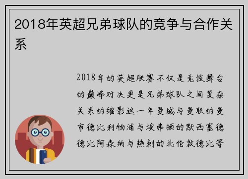 2018年英超兄弟球队的竞争与合作关系